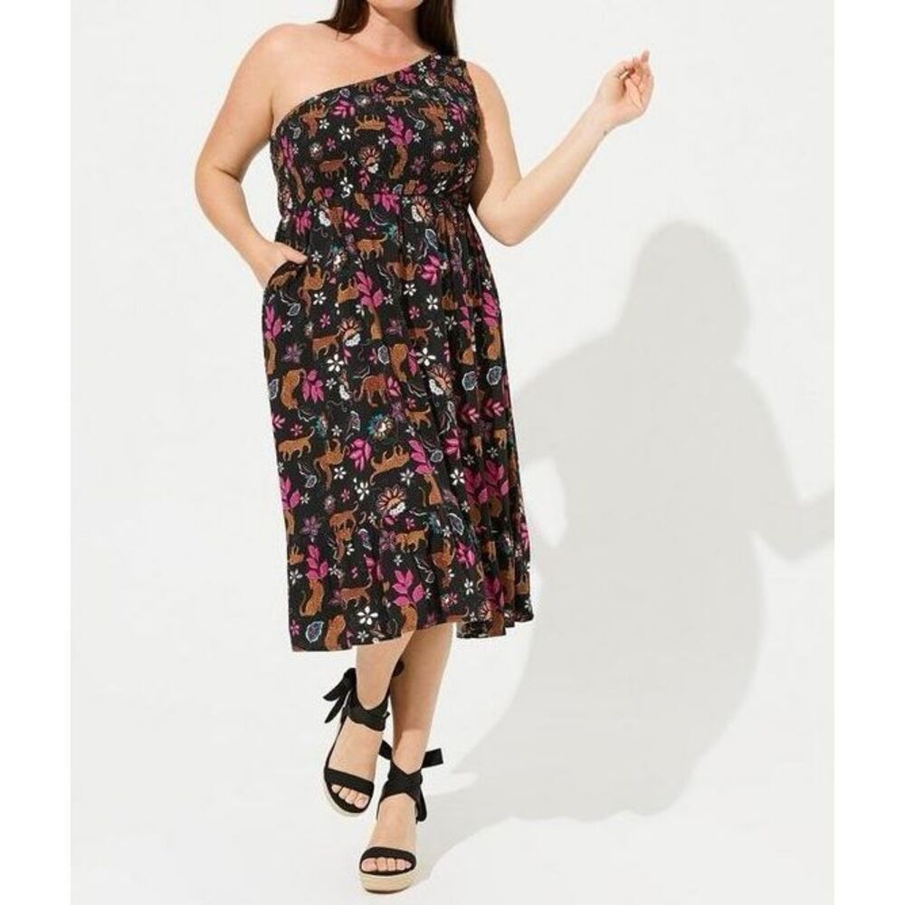 Torrid Dress Women’s 1X Leopard Leaves Deep‎ Black Midi Challis One Shoulder